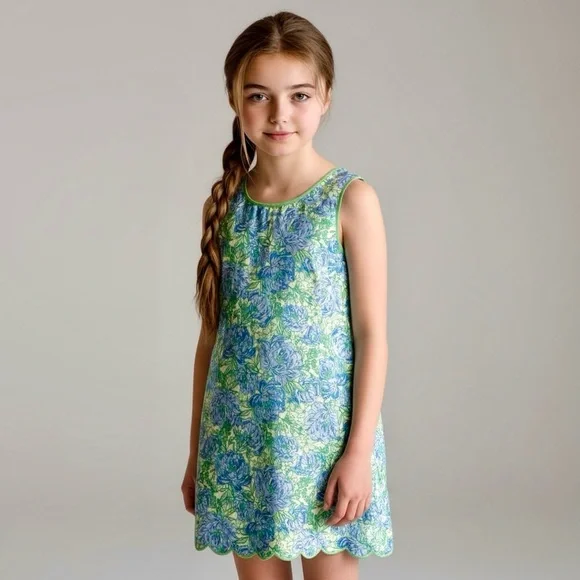 TOMMY BAHAMA~Girls Blue & Green Floral print Scalloped Shift Dress~Size 8~077 - Picture 1 of 15